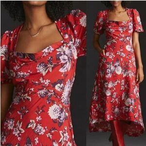 Anthropologie Maeve Size 10 Red Floral Puff Short Sleeve Midi Dress Square Neck